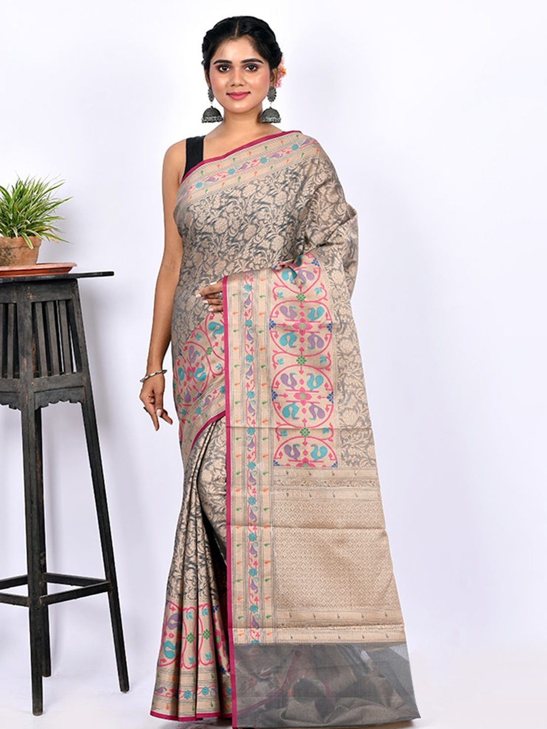 

AllSilks Grey Ethnic Motifs Zari Saree