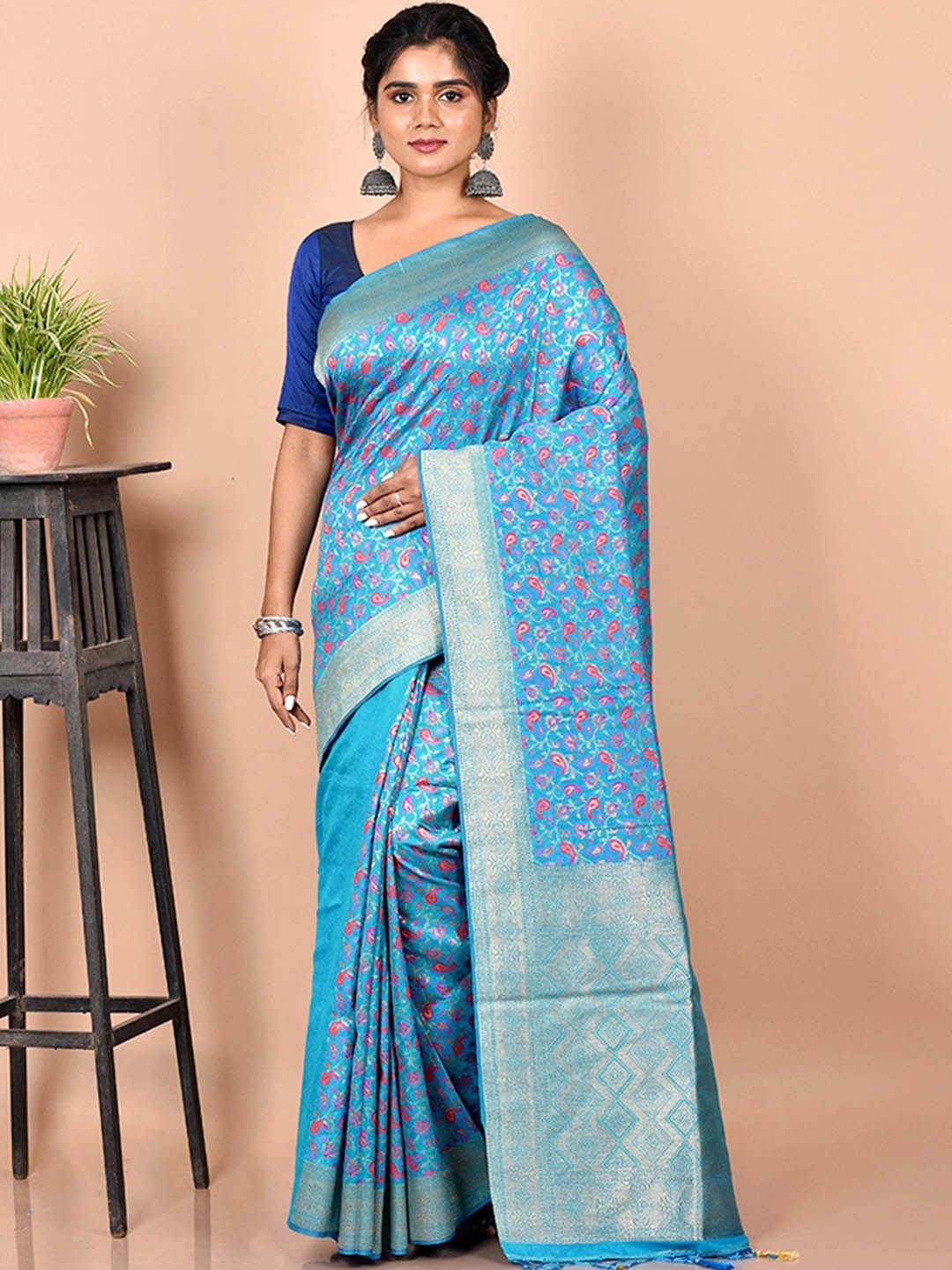 

AllSilks Blue Ethnic Motifs Zari Silk Blend Saree