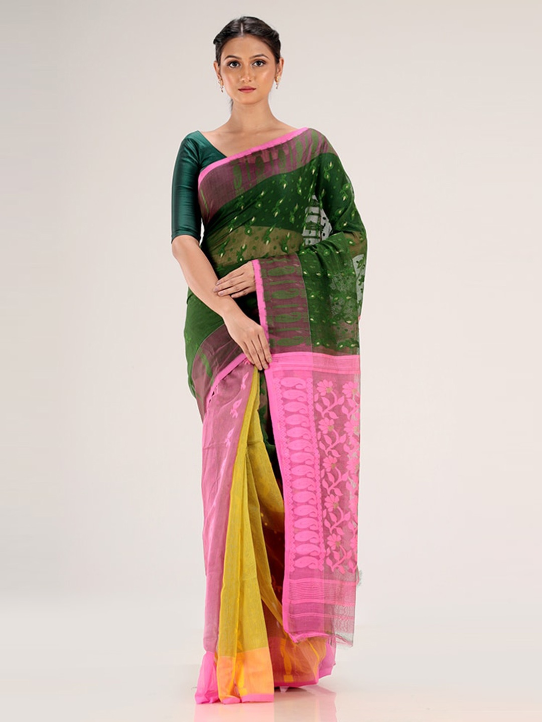 

AllSilks Green & Pink Ethnic Motifs Jamdani Saree