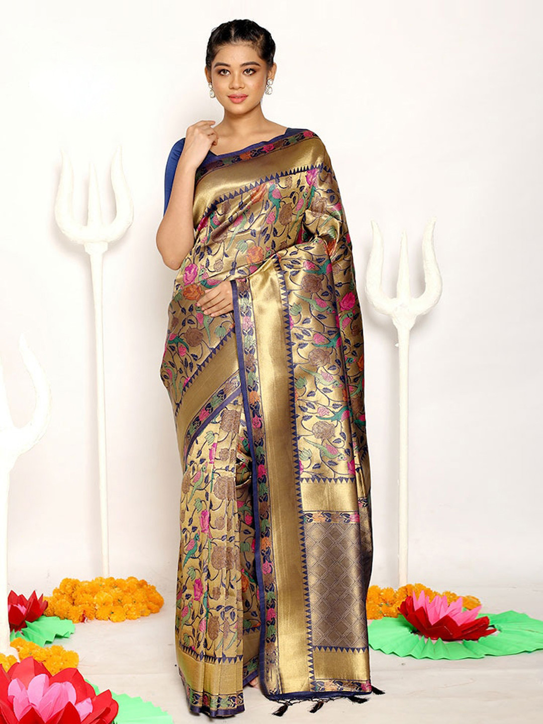 

AllSilks Navy Blue Floral Zari Silk Blend Saree