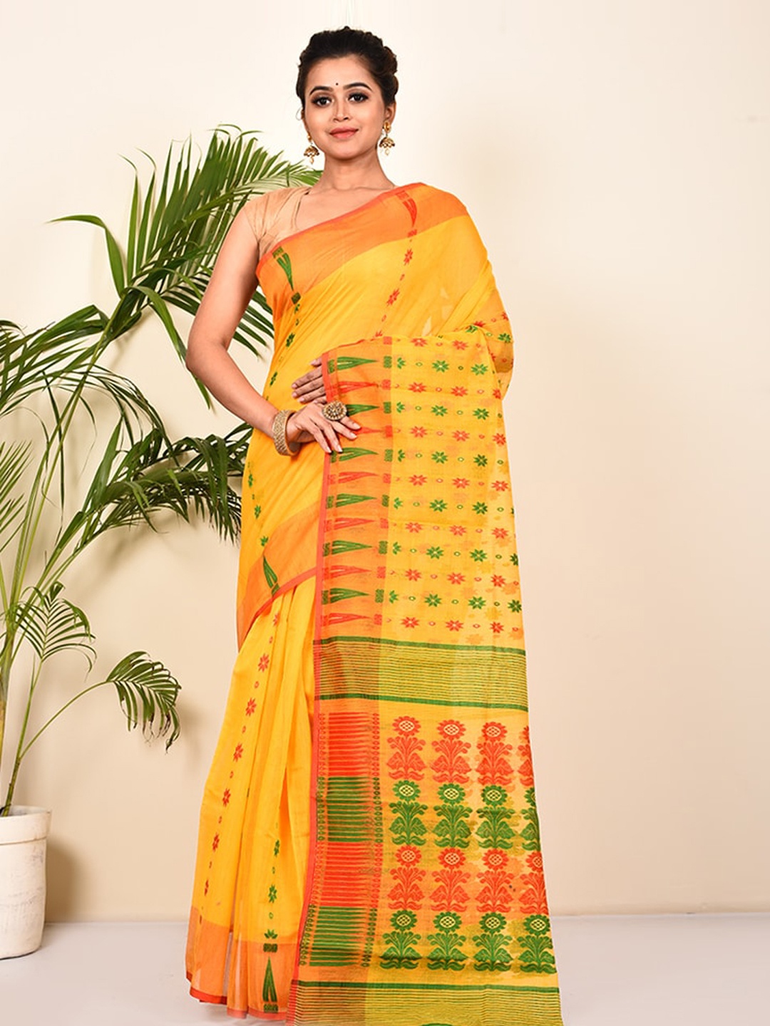 

AllSilks Yellow Ethnic Motifs Pure Cotton Taant Saree