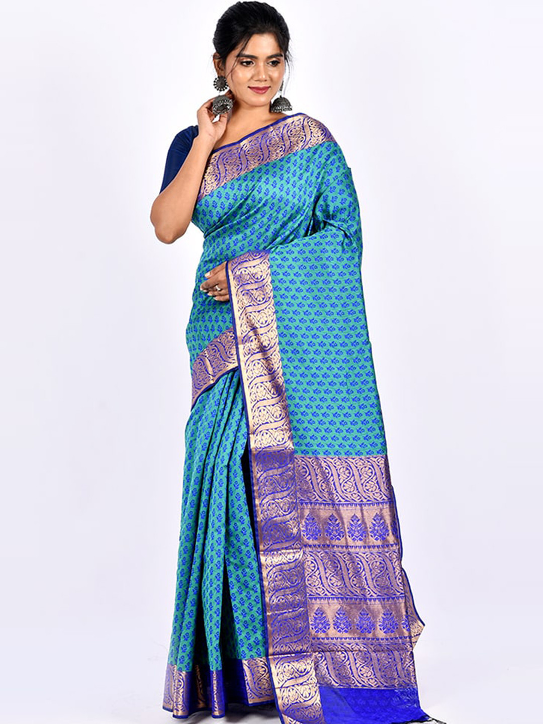 

AllSilks Blue & Golden Ethnic Motifs Saree