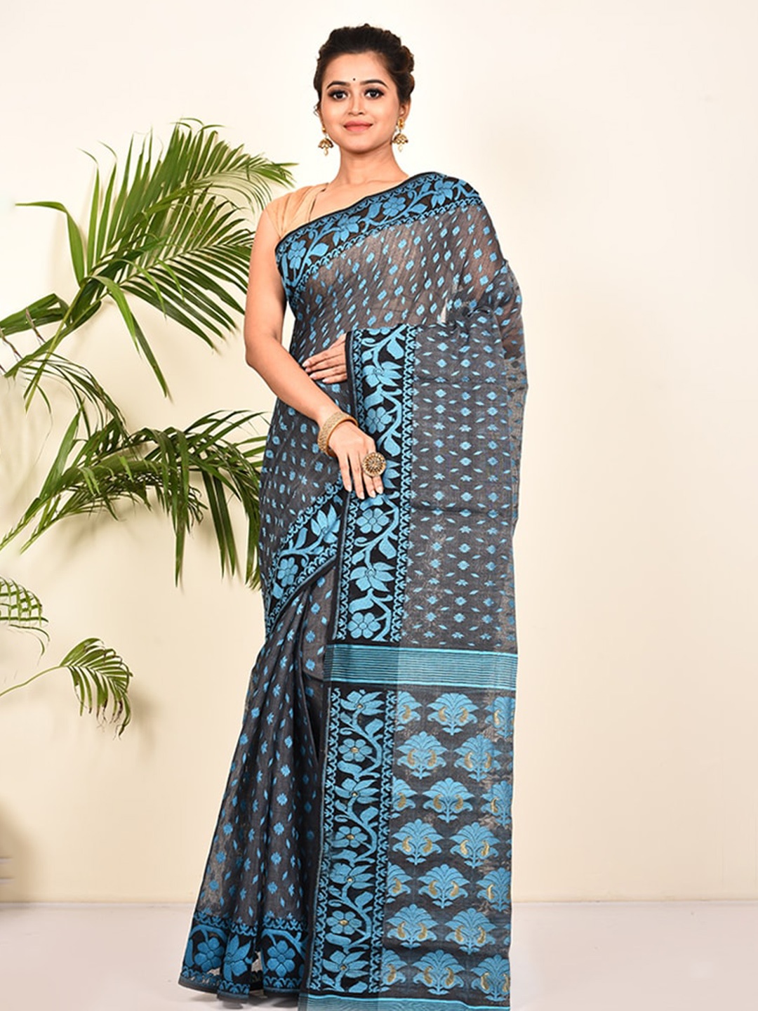 

AllSilks Grey & Blue Ethnic Motifs Saree