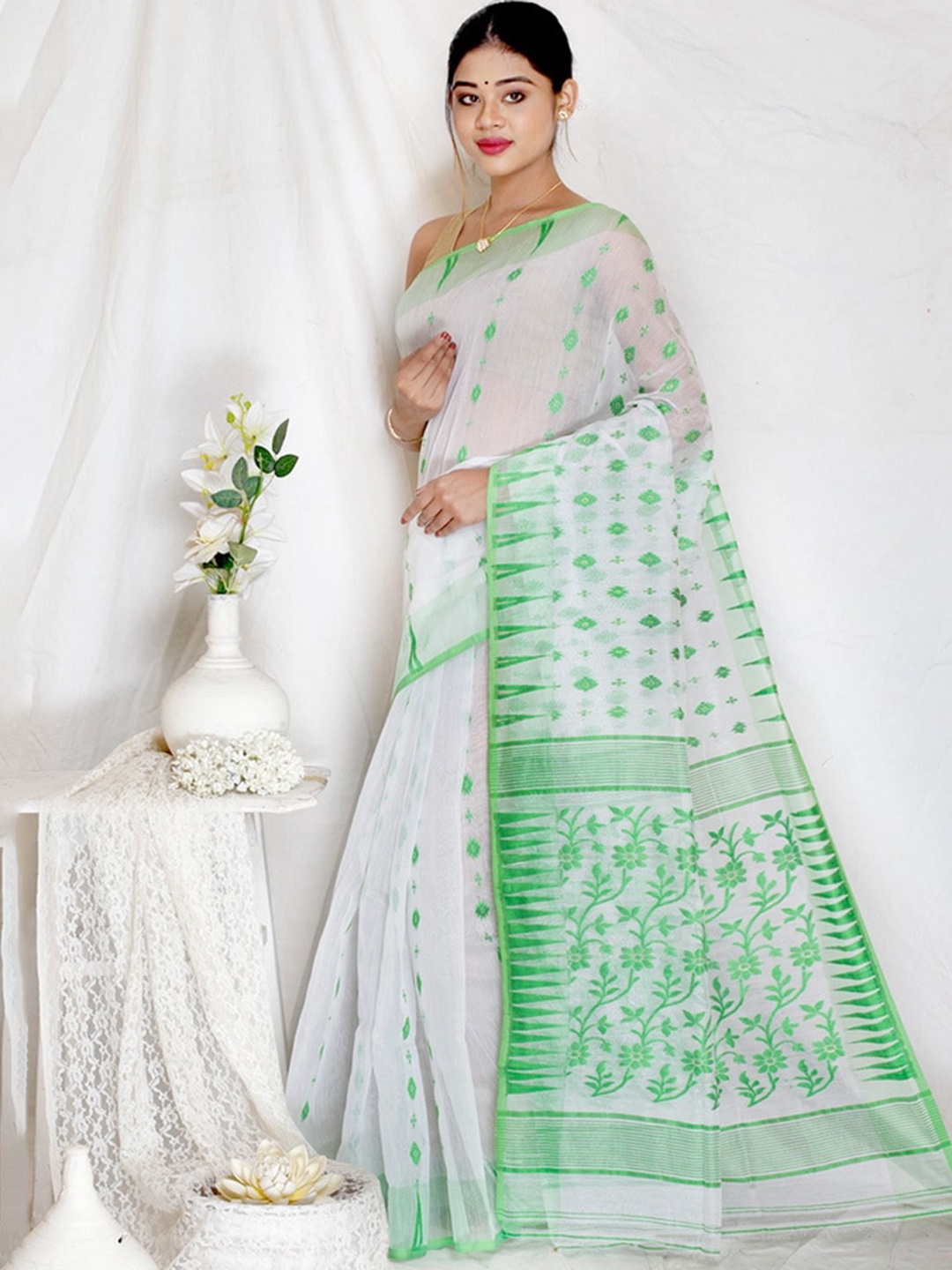 

AllSilks White & Green Ethnic Motifs Pure Cotton Taant Saree
