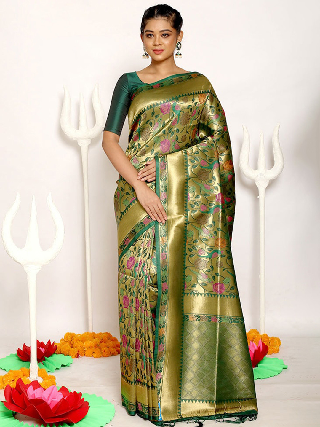 

AllSilks Green Floral Zari Saree