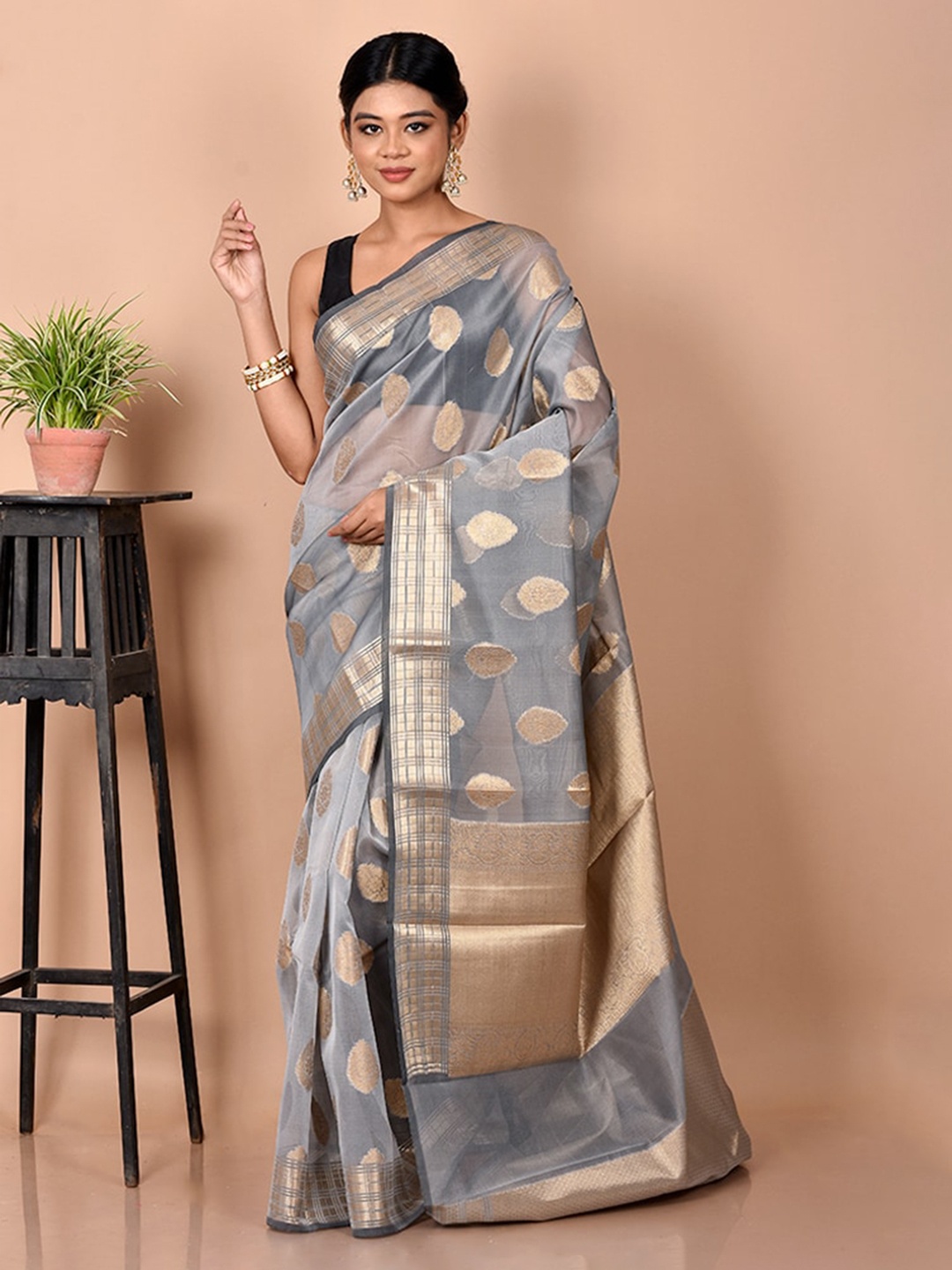 

AllSilks Grey & Gold-Toned Ethnic Motifs Saree