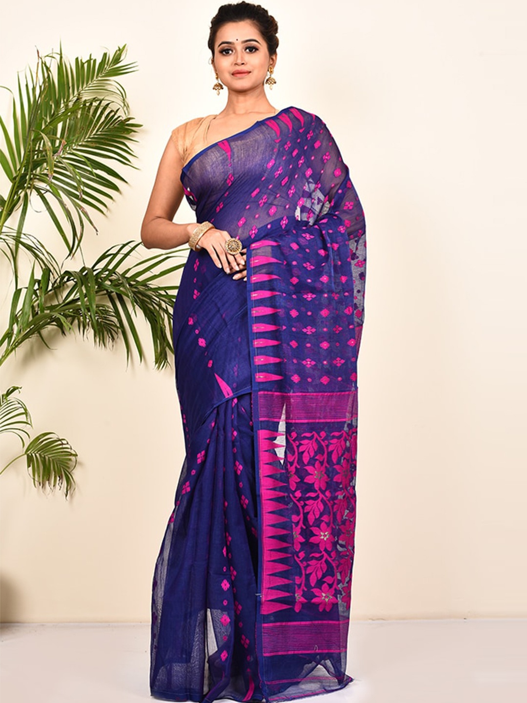 

AllSilks Navy Blue & Pink Woven Design Saree