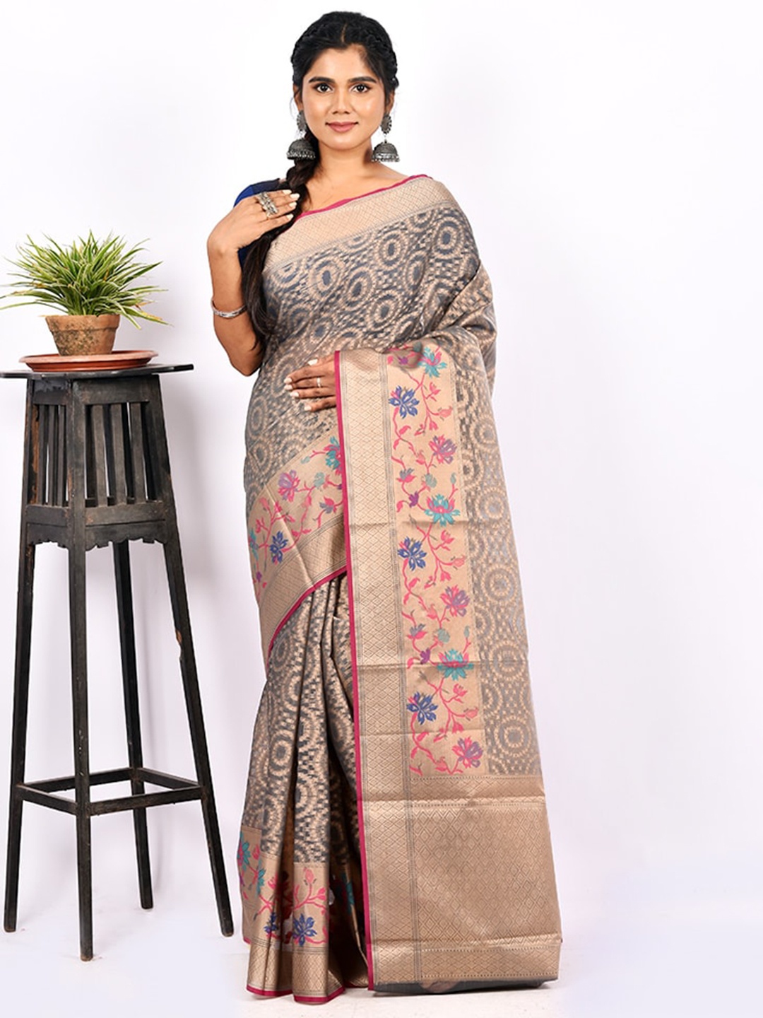 

AllSilks Grey Ethnic Motifs Saree