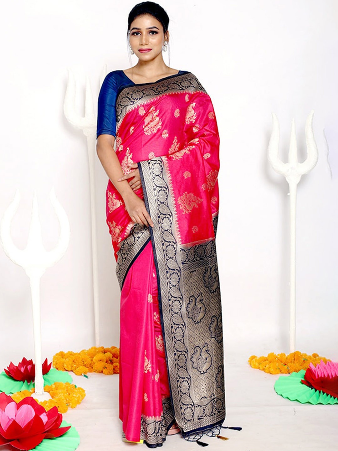 

AllSilks Pink & Navy Blue Ethnic Motifs Silk Blend Saree