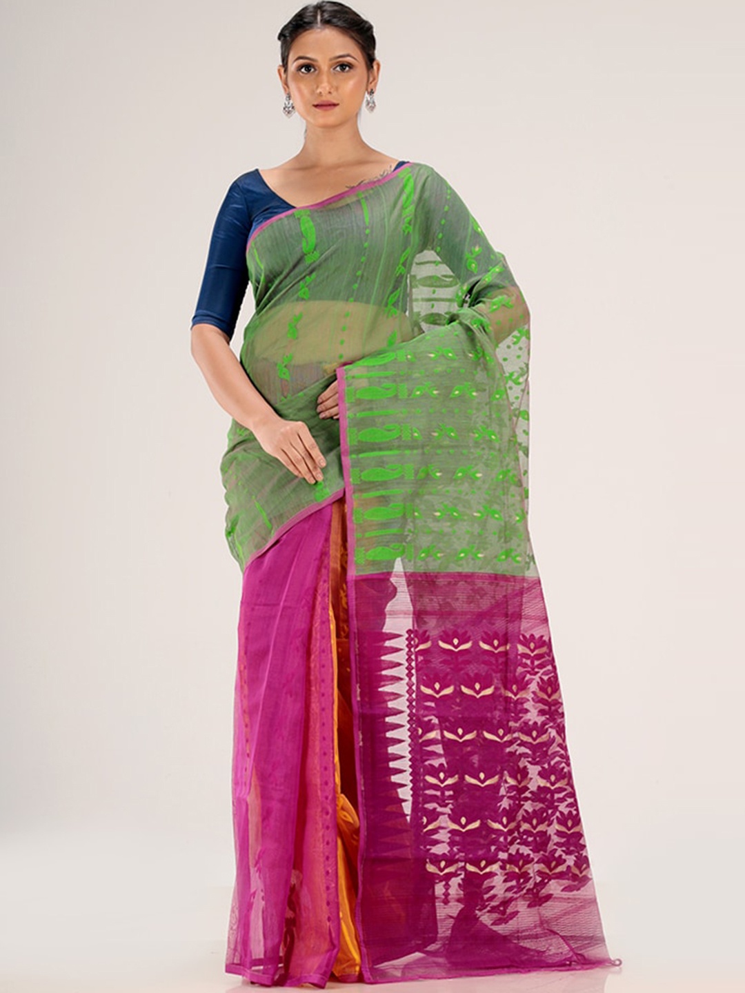 

AllSilks Pink & Green Floral Jamdani Saree