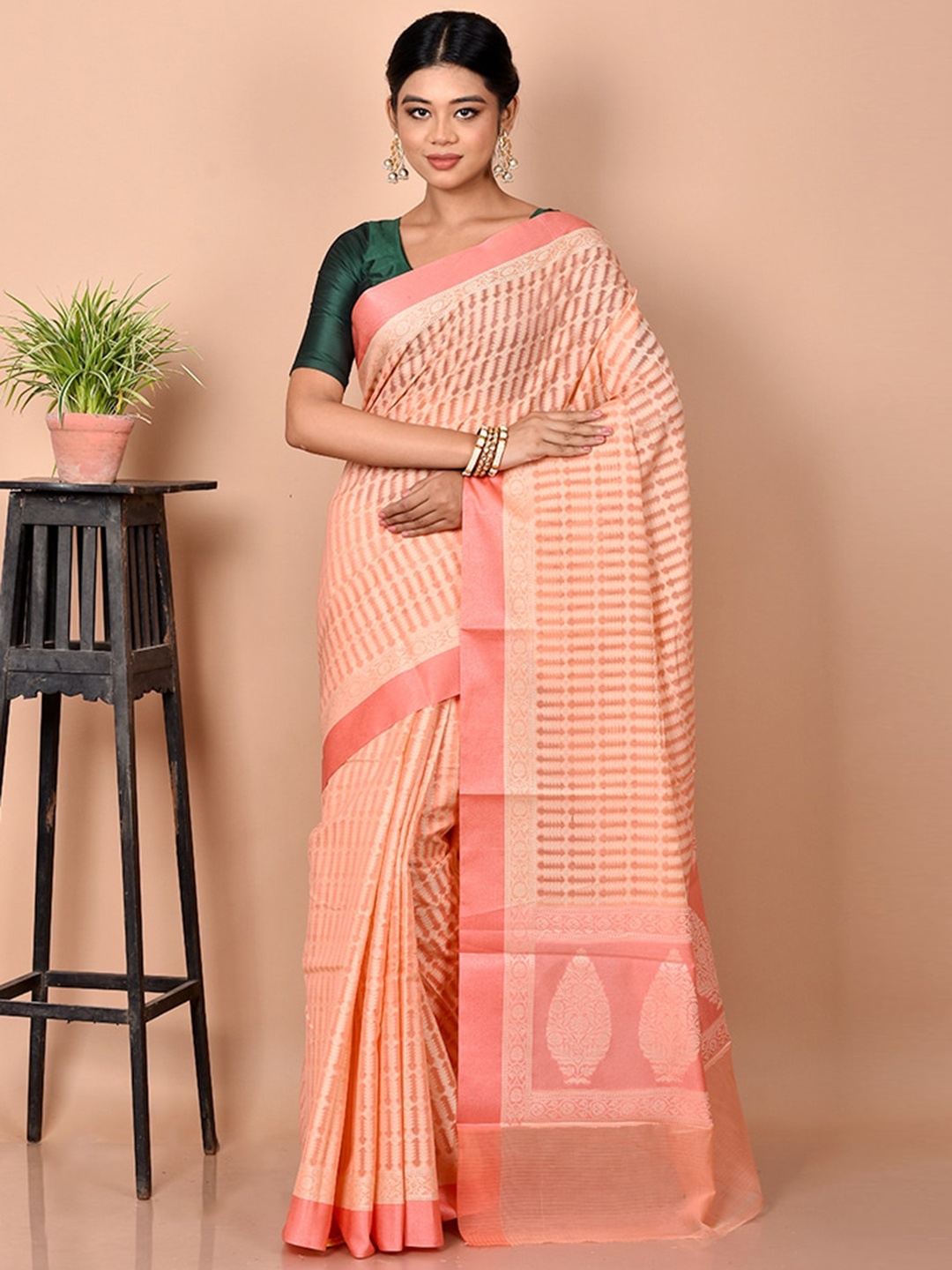 

AllSilks Pink & Gold-Toned Kora Silk Saree