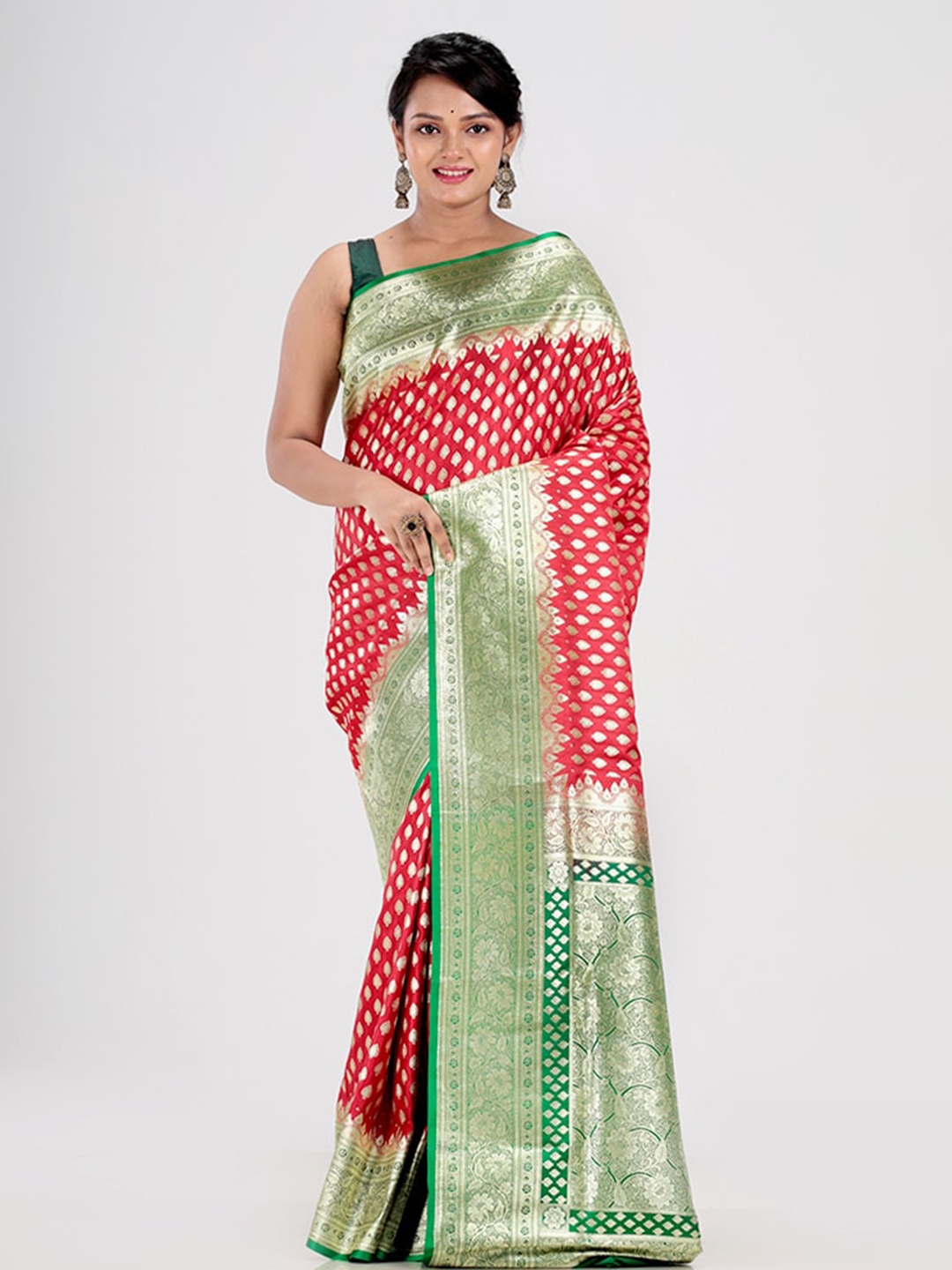 

AllSilks Red & Green Ethnic Motifs Zari Banarasi Saree