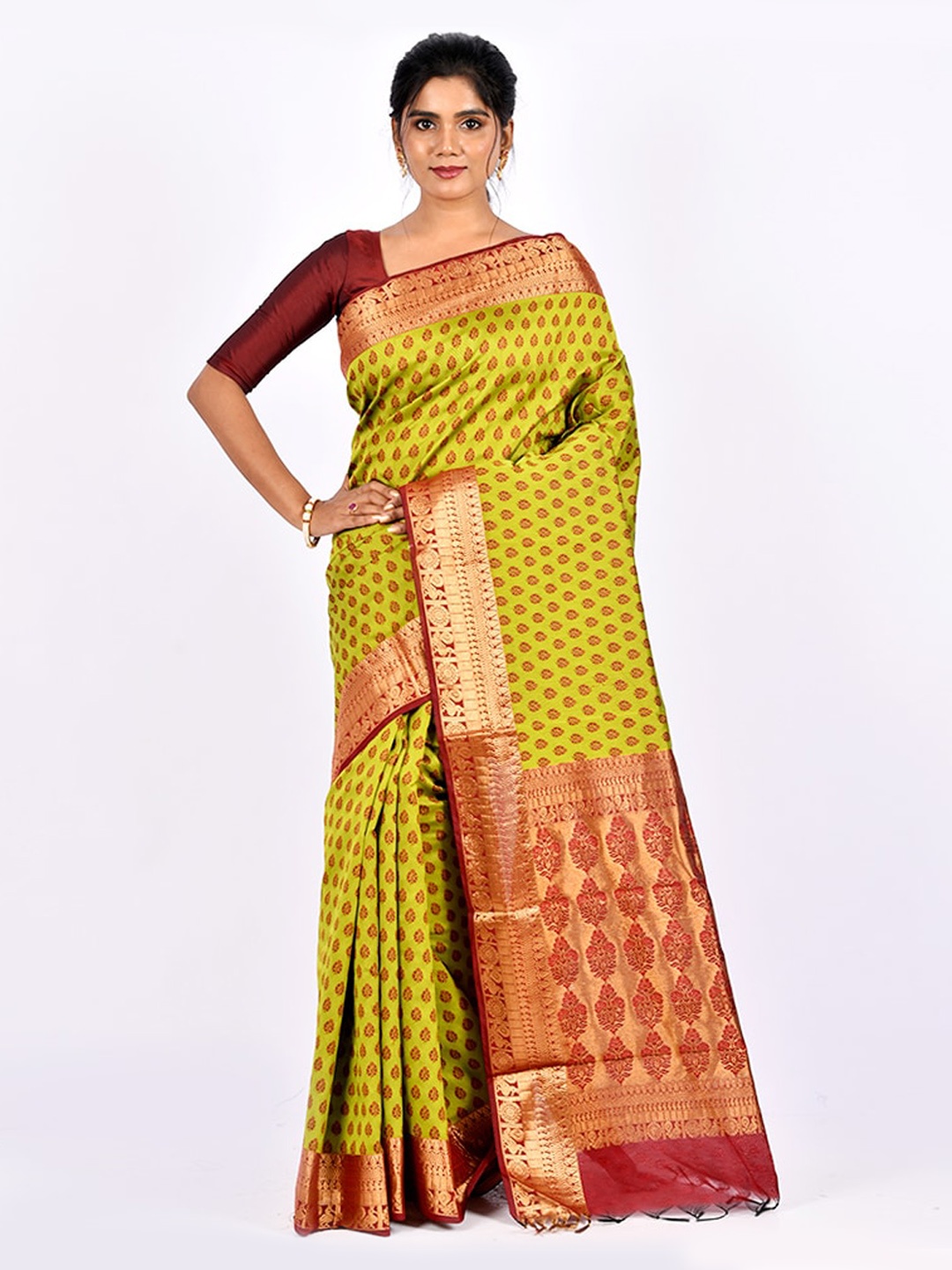 

AllSilks Lime Green & Maroon Ethnic Motifs Zari Saree