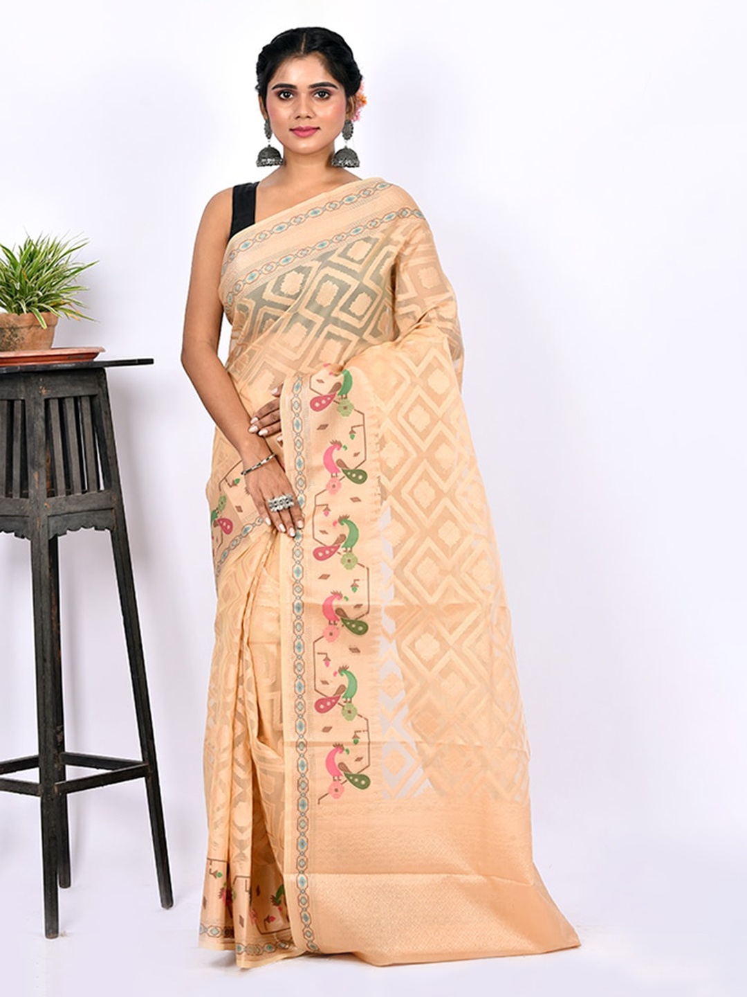 

AllSilks Cream-Coloured Ethnic Motifs Saree