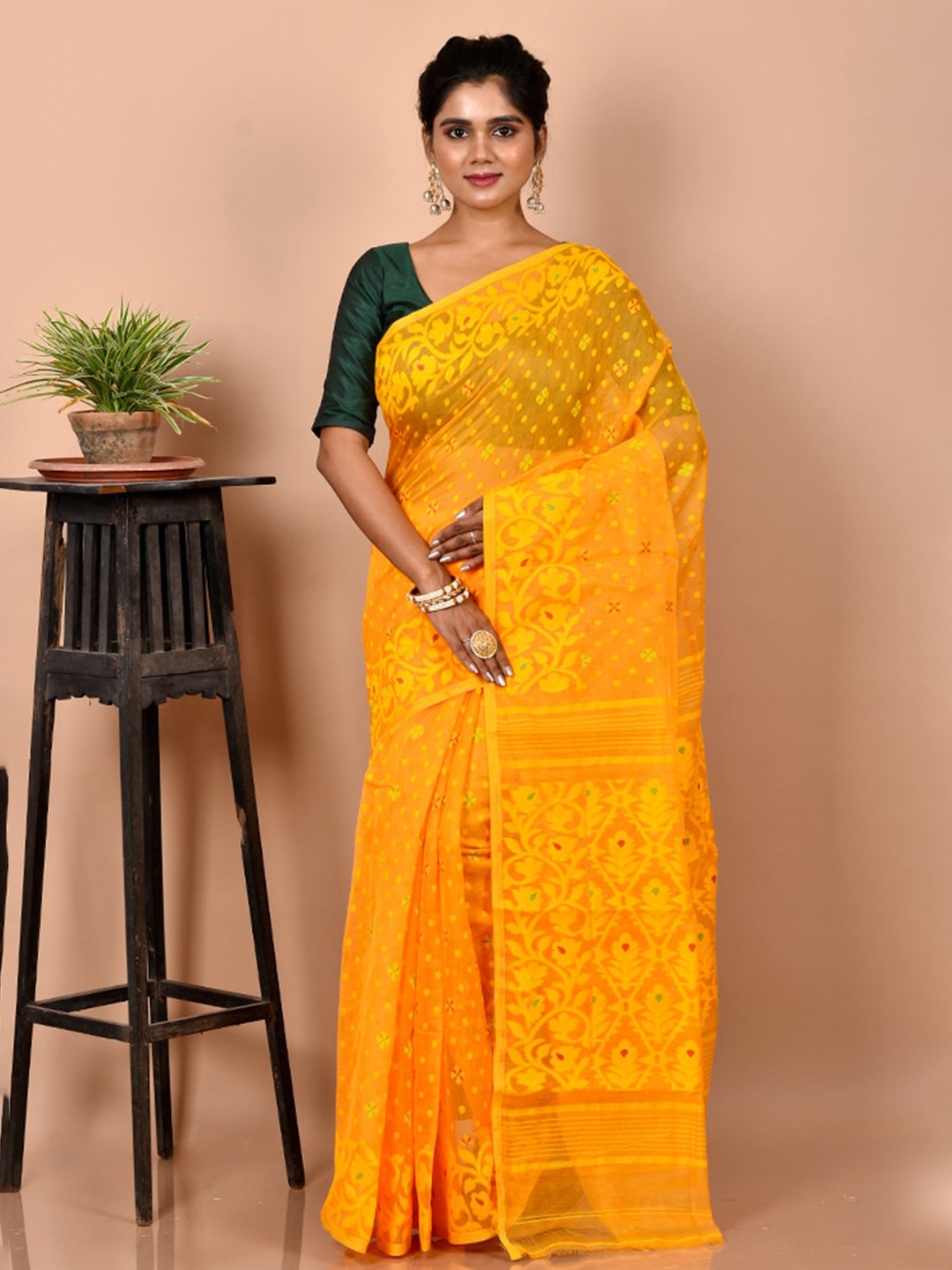 

AllSilks Yellow Ethnic Motifs Pure Cotton Taant Saree