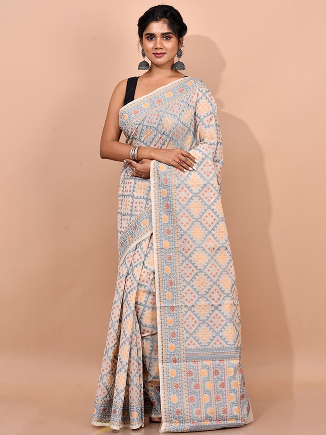 

AllSilks Cream-Coloured & Blue Ethnic Motifs Saree