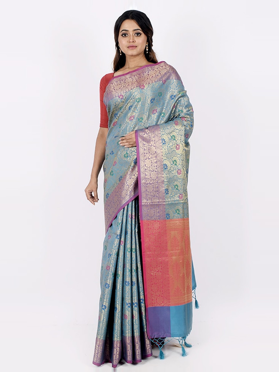 

AllSilks Blue & Pink Ethnic Motifs Saree