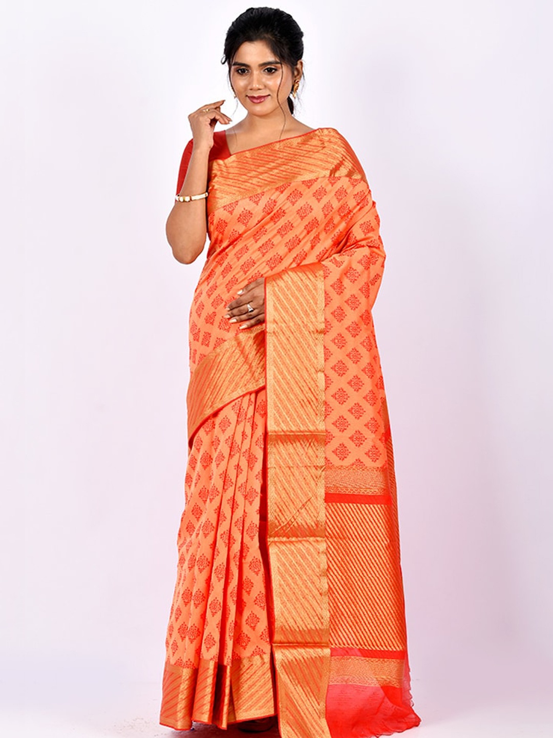 

AllSilks Peach-Coloured Ethnic Motifs Zari Saree