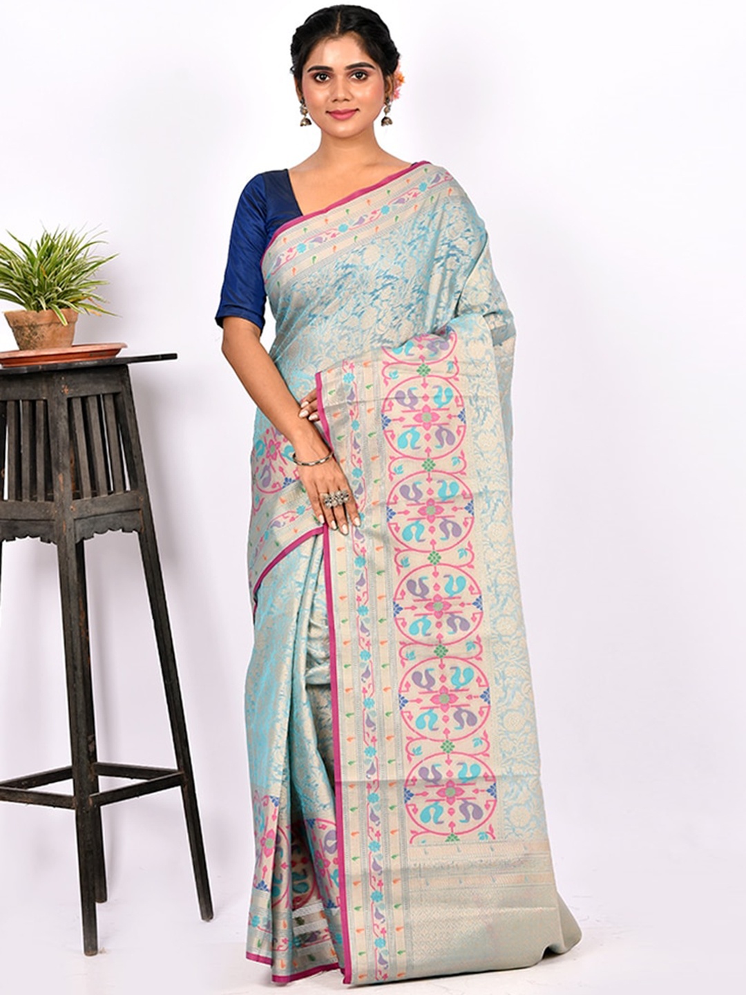 

AllSilks Blue & Pink Ethnic Motifs Saree