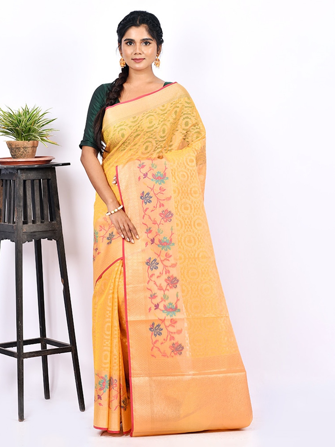 

AllSilks Yellow Floral Zari Kota Saree