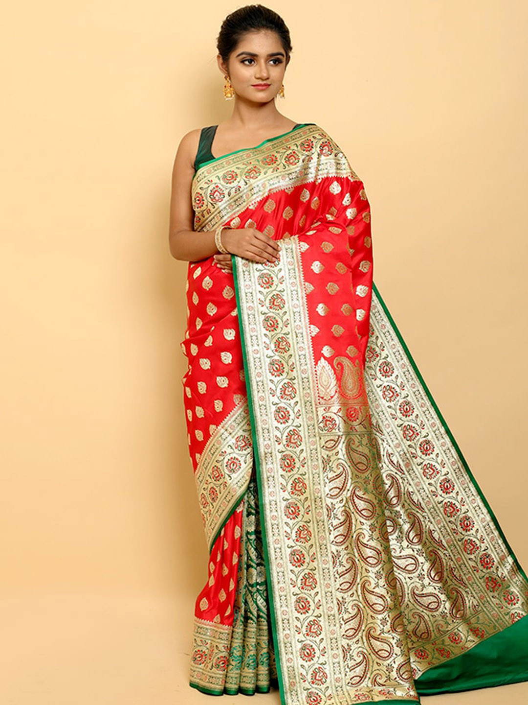 

AllSilks Red & Green Ethnic Motifs Zari Banarasi Saree