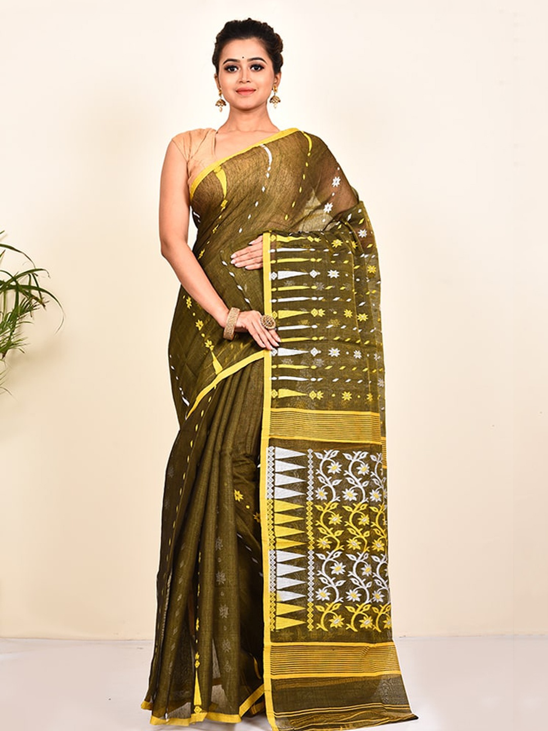 

AllSilks Olive Green & Yellow Woven Design Taant Saree