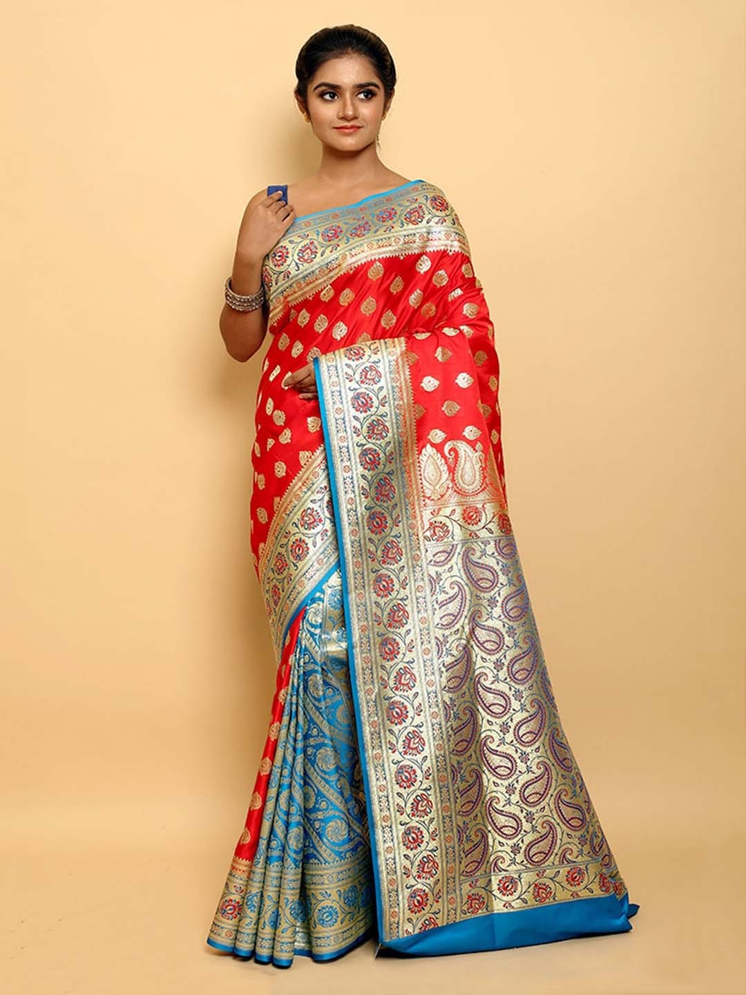 

AllSilks Red & Blue Ethnic Motifs Pure Silk Banarasi Saree