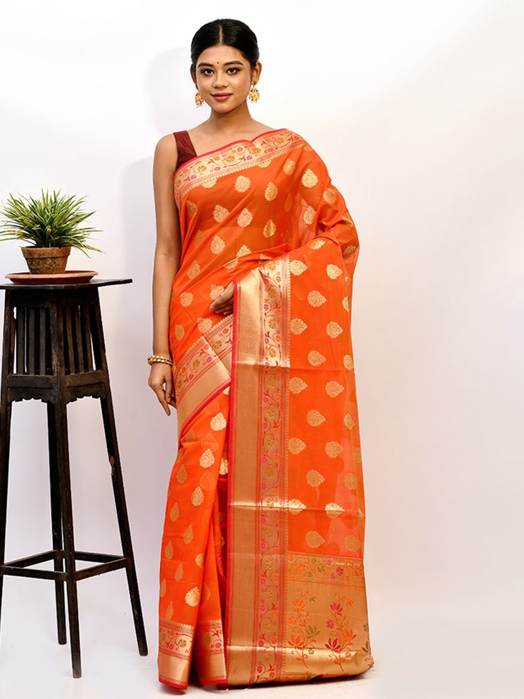 

AllSilks Orange & Gold-Toned Ethnic Motifs Zari Saree