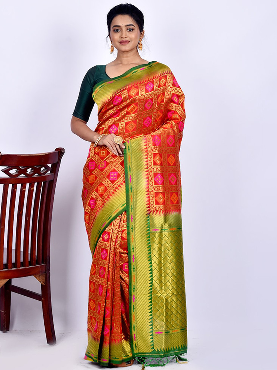 

AllSilks Red & Green Ethnic Motifs Silk Blend Saree