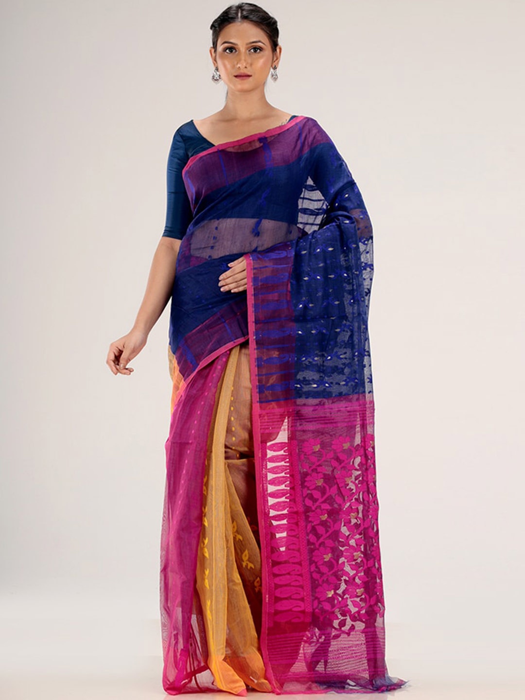 

AllSilks Blue & Pink Ethnic Motifs Jamdani Saree