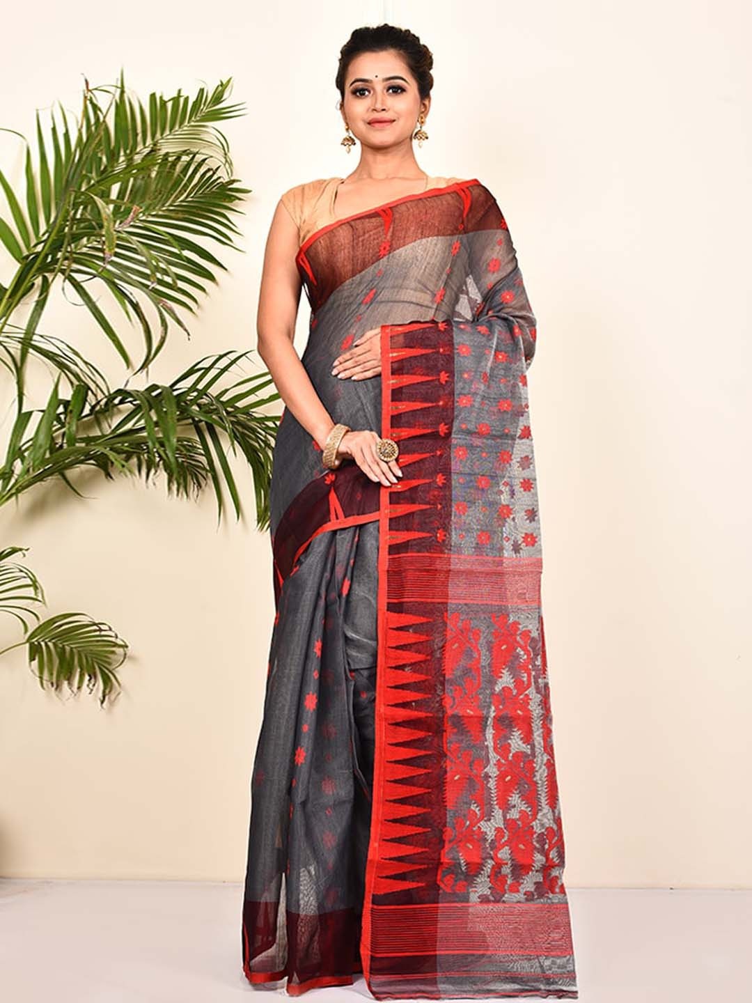 

AllSilks Grey & Red Ethnic Motifs Pure Cotton Taant Saree