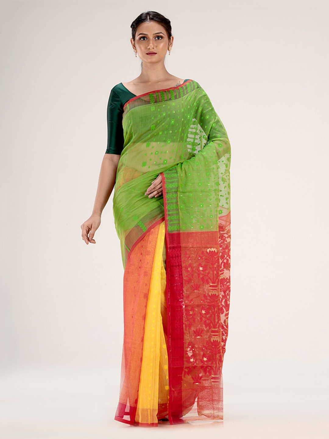 

AllSilks Green & Red Ethnic Motifs Jamdani Saree