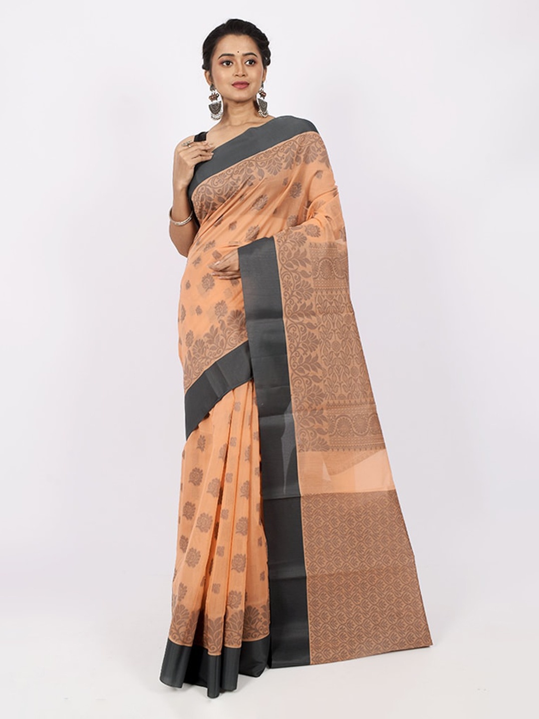 

AllSilks Peach-Coloured & Grey Ethnic Motifs Pure Cotton Saree