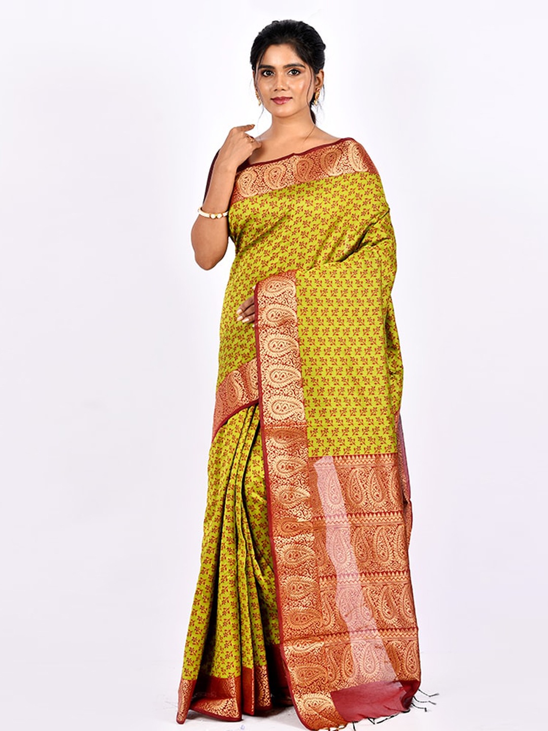 

AllSilks Lime Green & Copper-Toned Ethnic Motifs Zari Saree