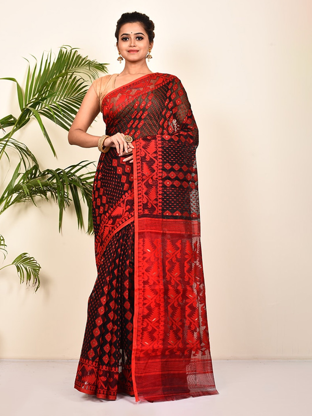 

AllSilks Black & Red Ethnic Motifs Taant Saree