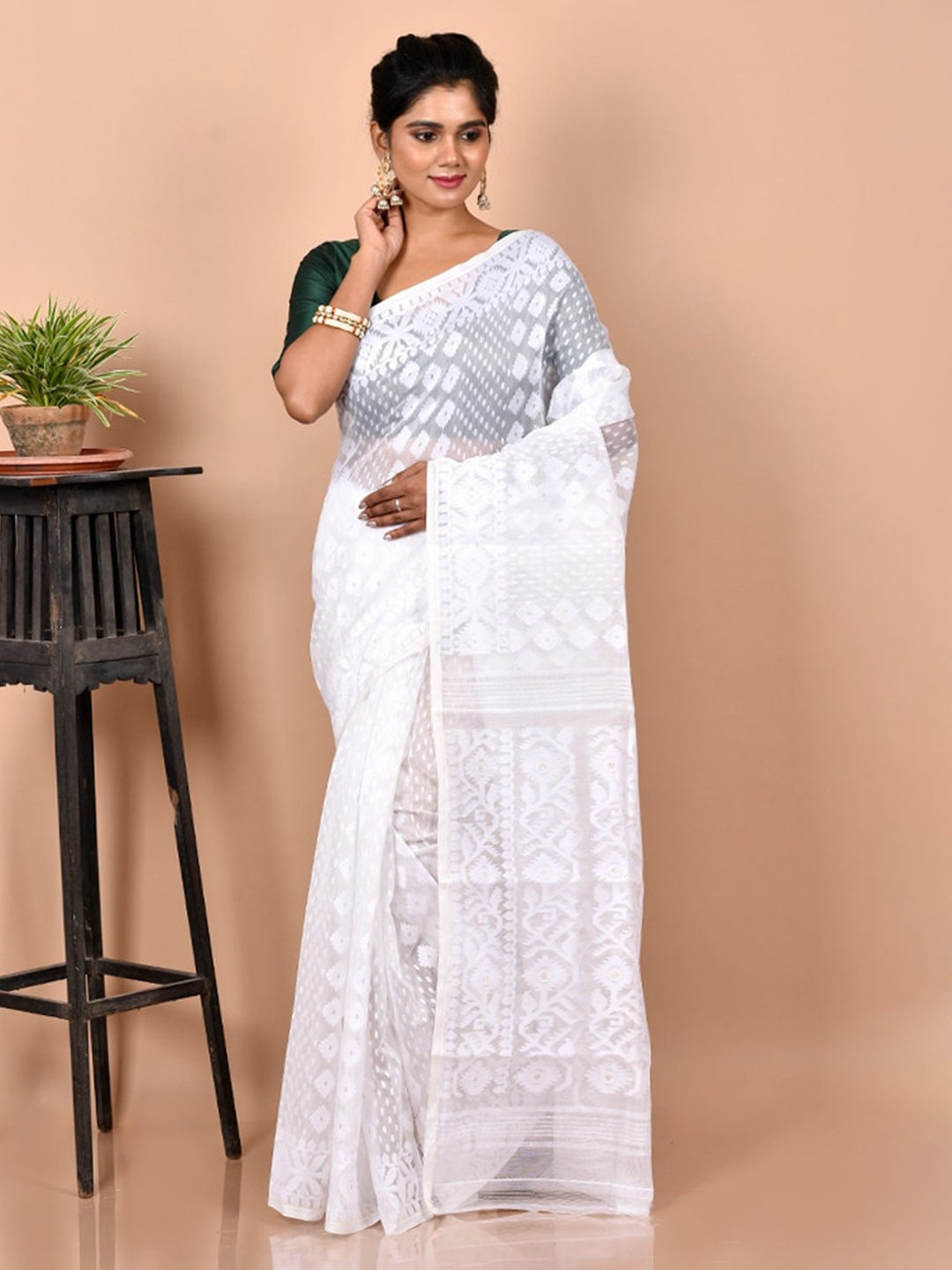 

AllSilks White Ethnic Motifs Taant Saree