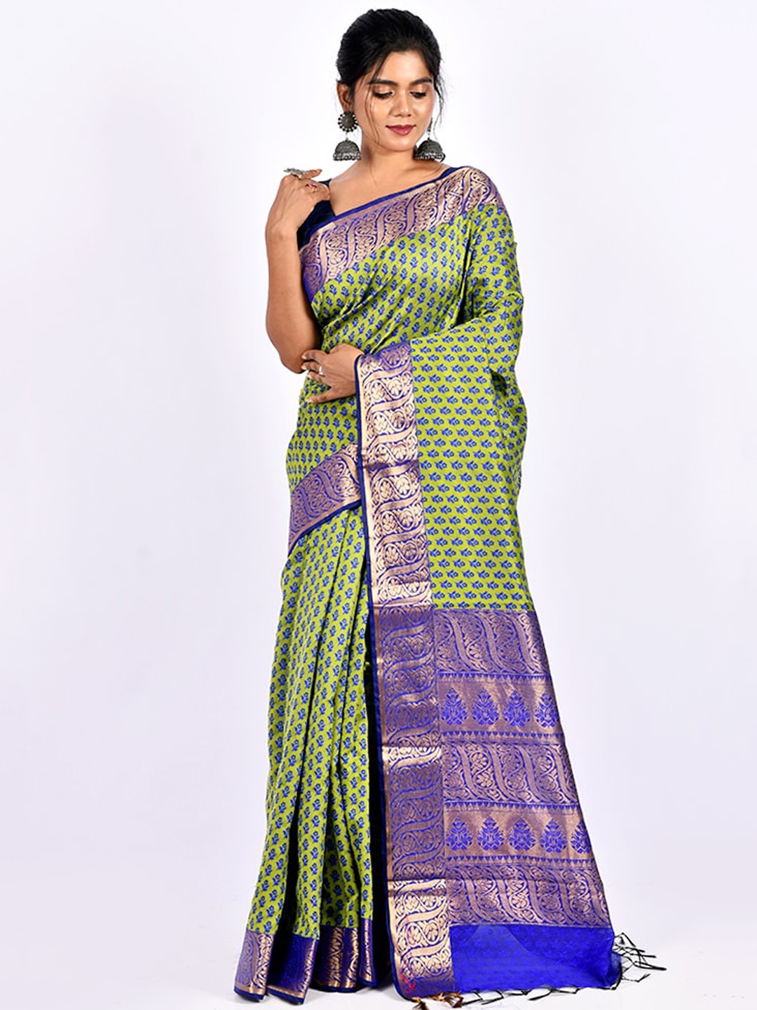 

AllSilks Green & Blue Ethnic Motifs Zari Saree