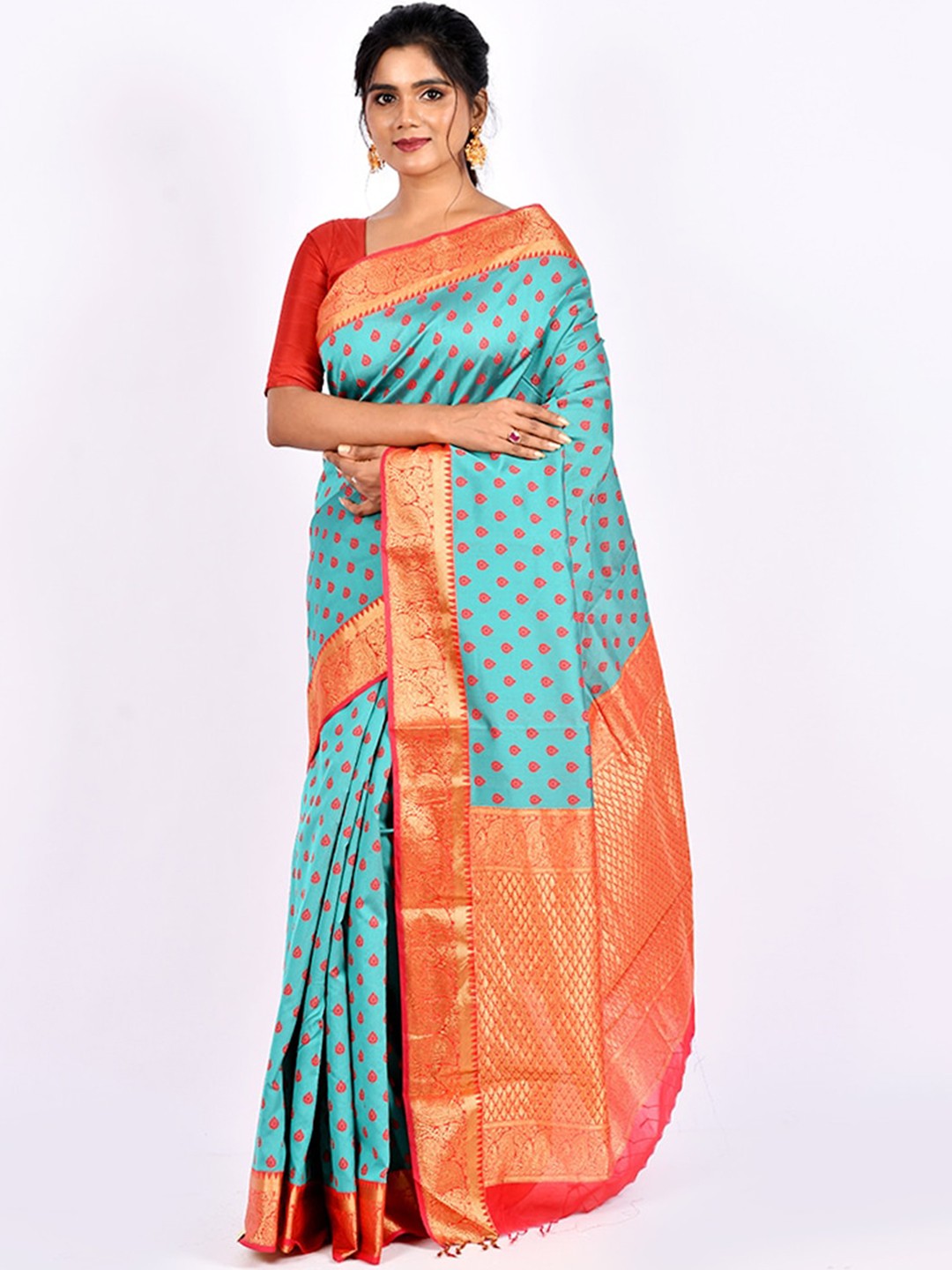 

AllSilks Sea Green & Gold-Toned Ethnic Motifs Zari Saree