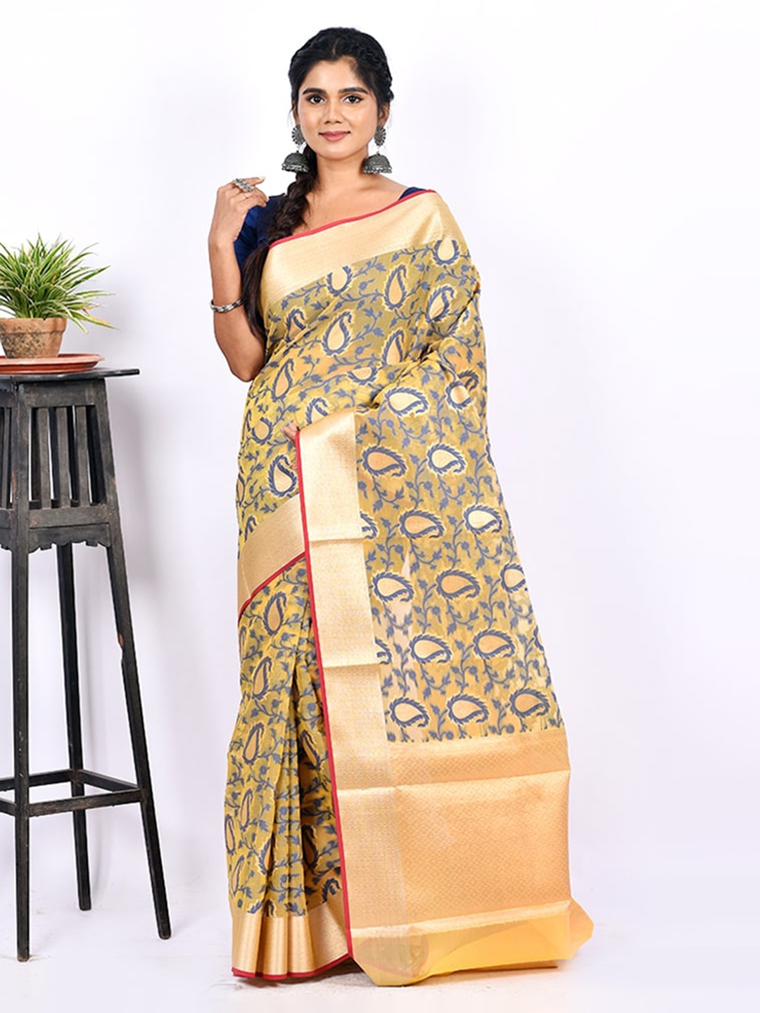 

AllSilks Yellow & Blue Paisley Zari Kota Saree