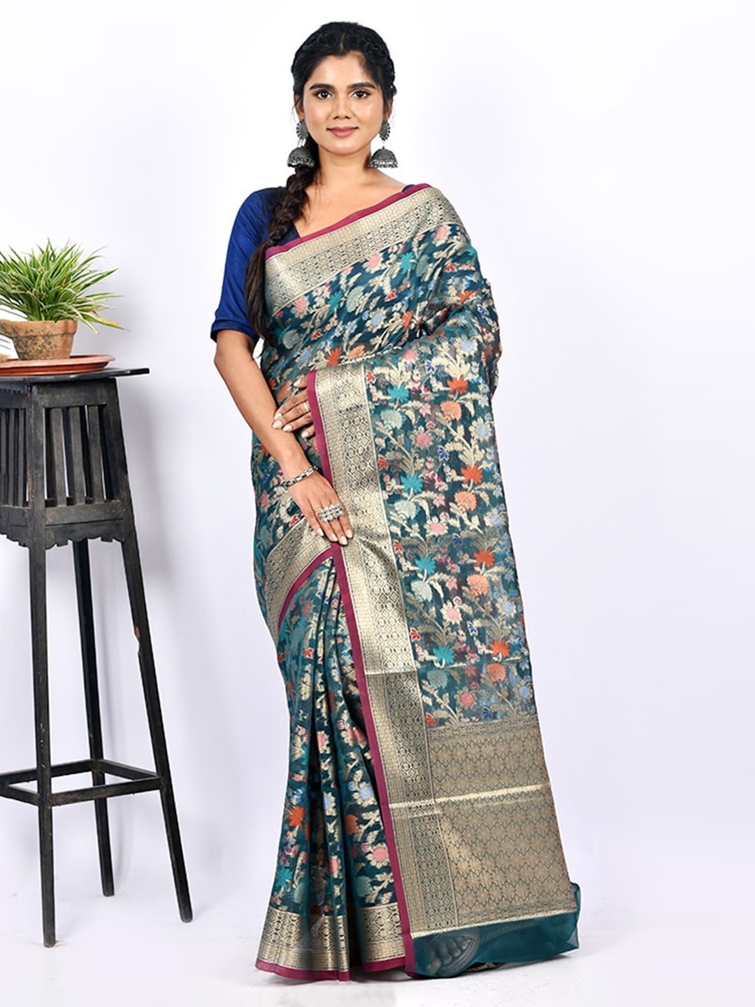 

AllSilks Blue Floral Woven Design Saree