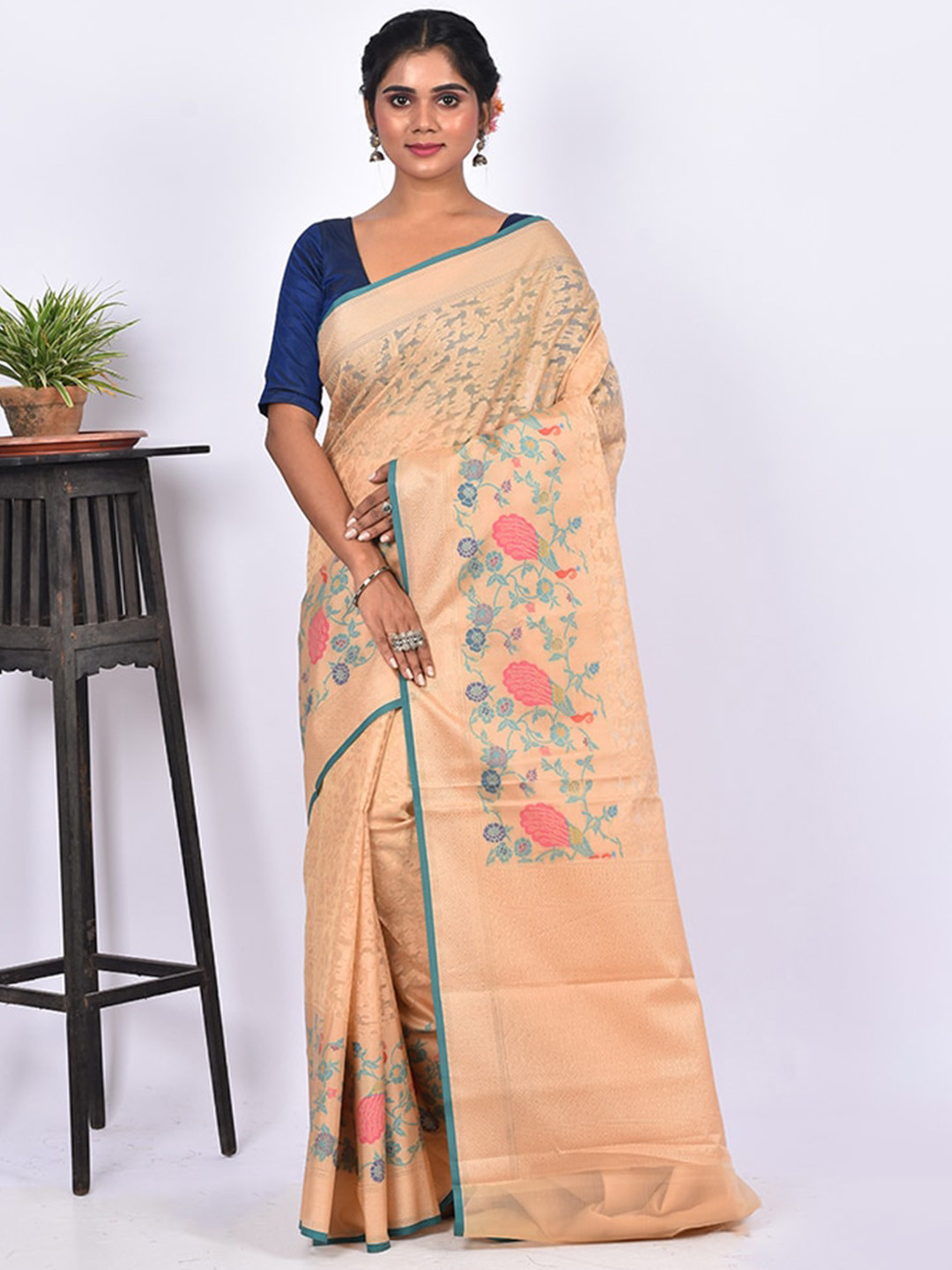 

AllSilks Woven Design Kora Silk Saree, Cream