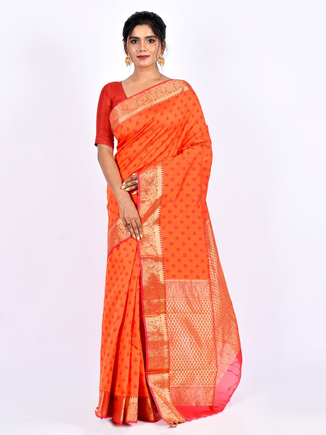 

AllSilks Orange & Gold-Toned Ethnic Motifs Saree