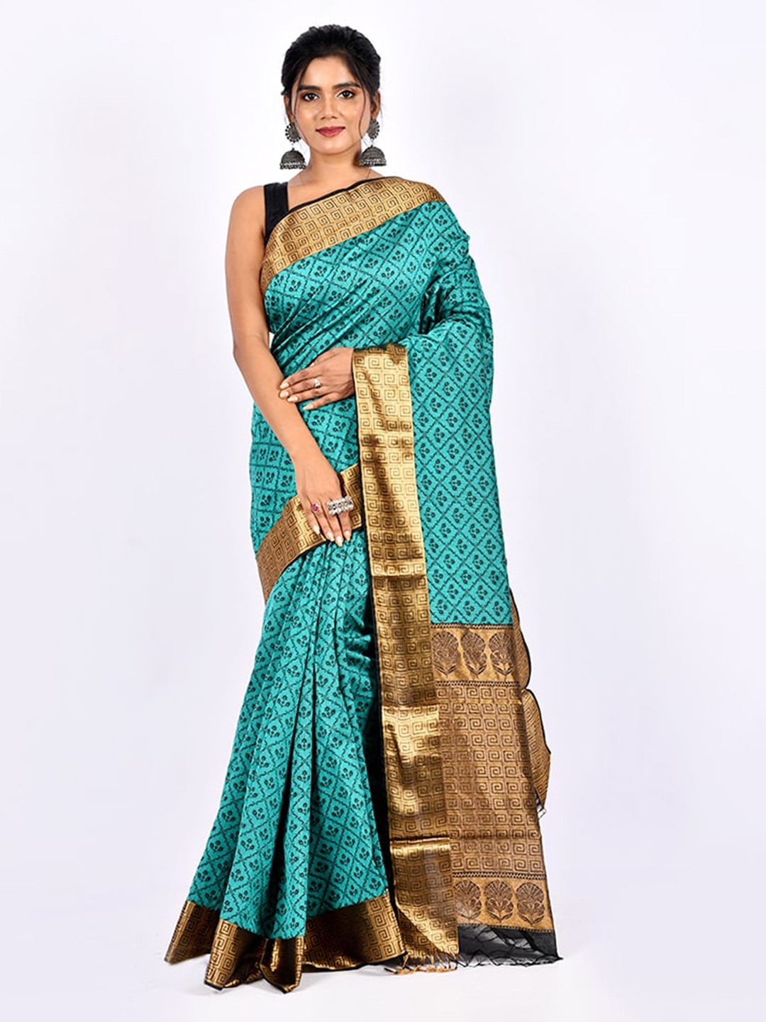 

AllSilks Sea Green & Golden Ethnic Motifs Banarasi Saree
