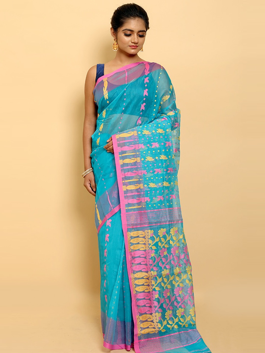 

AllSilks Blue & Pink Ethnic Motifs Pure Cotton Jamdani Saree