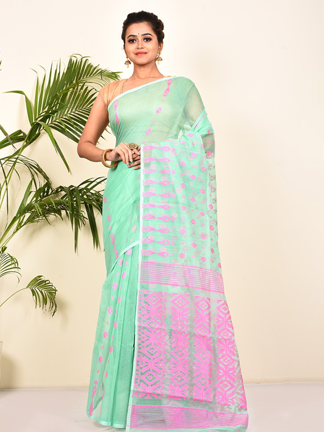 

AllSilks Sea Green & Pink Ethnic Motifs Saree