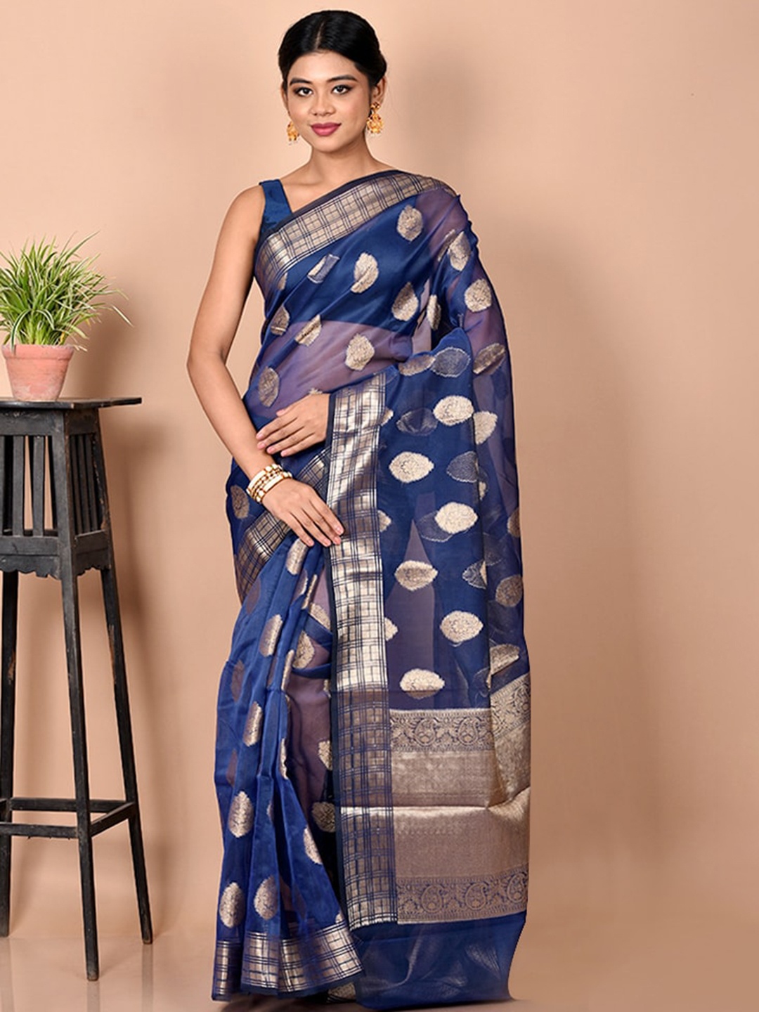 

AllSilks Blue & Golden Ethnic Motifs Silk Blend Saree