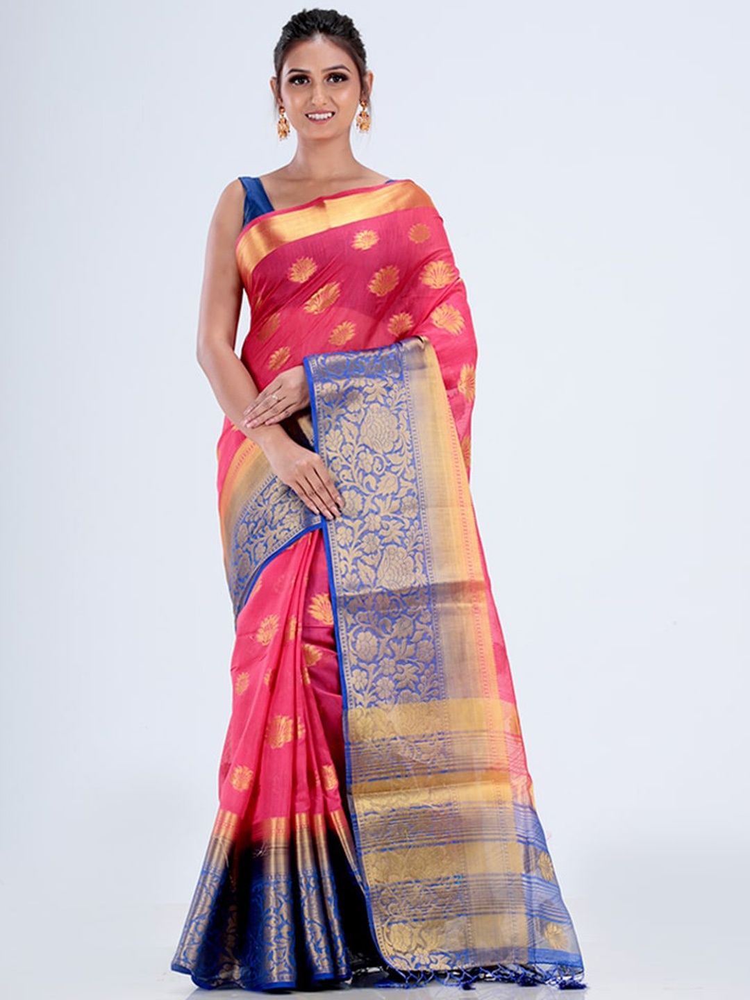 

AllSilks Pink & Blue Floral Silk Blend Saree