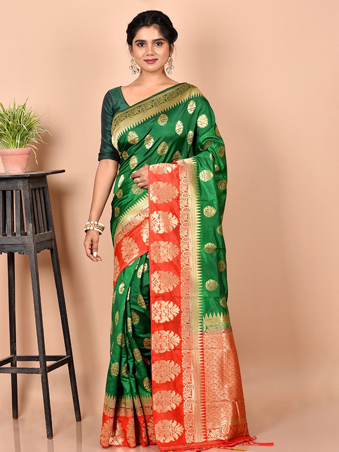 

AllSilks Green & Orange Ethnic Motifs Silk Blend Saree