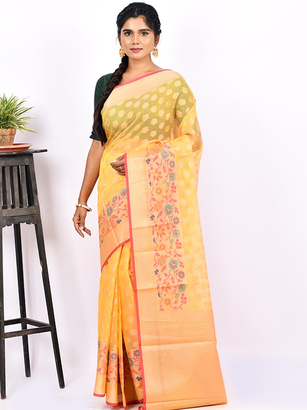 

AllSilks Yellow & Pink Floral Saree