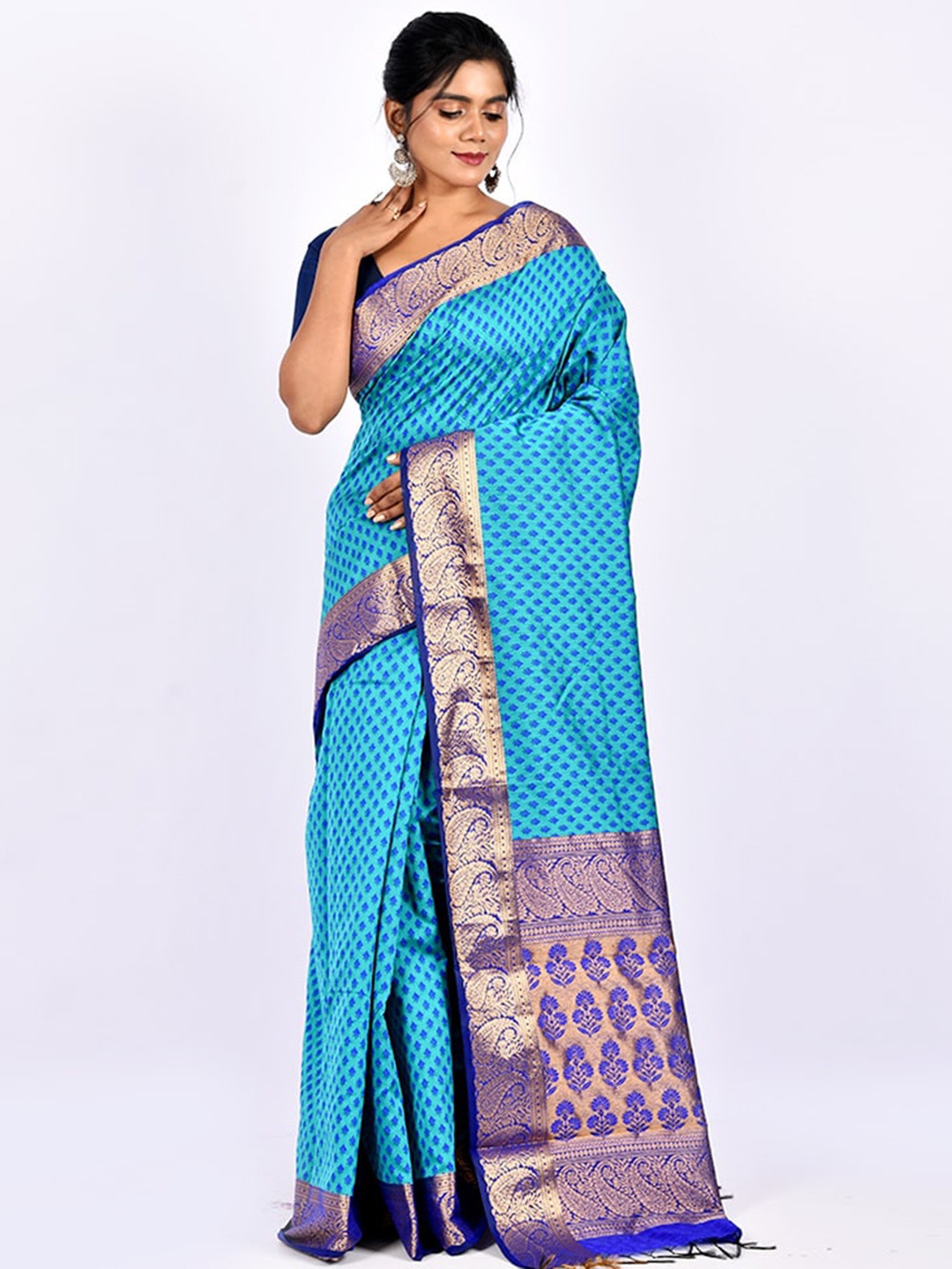 

AllSilks Blue & Navy Blue Ethnic Motifs Pure Cotton Banarasi Saree